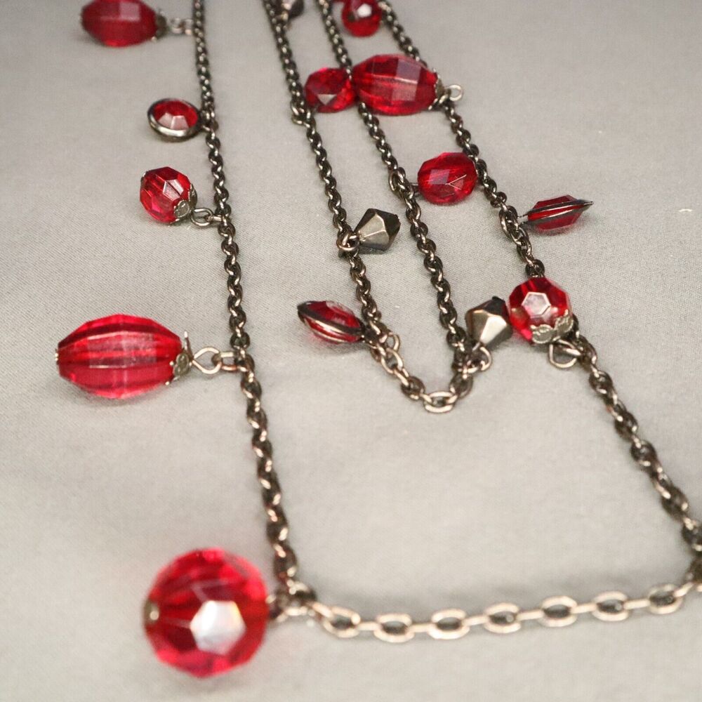 Double Strand Necklace 21" long RED BEAD Smoky Dark Gray chain